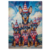 Mother Doberman Pinscher with Three Puppies in Patriotic Outfits and Hats on Ready to Hang 1.5" Thick Canvas Wrap, Floating Framed Canvas, Flat Rolled Canvas